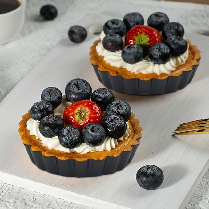 6 Pack Mini Fluted Tart Pans 4 Inch with Removable Bottom, Nonstick Quiche Pan with Silicone Basting Pastry Brush for Baking Treats, Pie, Quiches, Tartlets