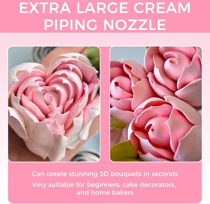 2 Extra Large Russian Piping Tip, 44mm Stainless Steel Rose Flower Nozzle for Cake Decorating, Frosting, Dishwasher Safe, Large Flower Icing Tips for Beginners & Pros (Rose and Heart)