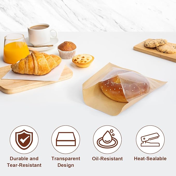 100pcs Cookie Bags with Seal 7.5x7.1 inch Heat Sealable Grease Resistant Baked Goods Packaging Cookie Bags for Gift Giving Cookies Packaging Supplies for Bagel Brownie Bakery Pastry Donut Cake Slices