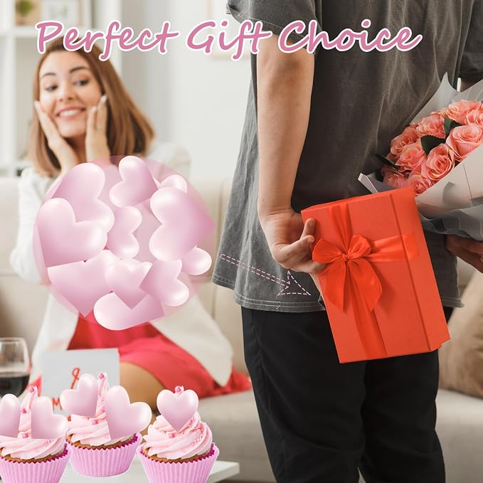 44PCS Edible Valentines Day 3d Heart Cupcake Toppers Pink Glitter Heart Cupcake Picks Happy Valentine's Day Heart Cake Decor for Valentine's Day Theme Party Decoration Supplies