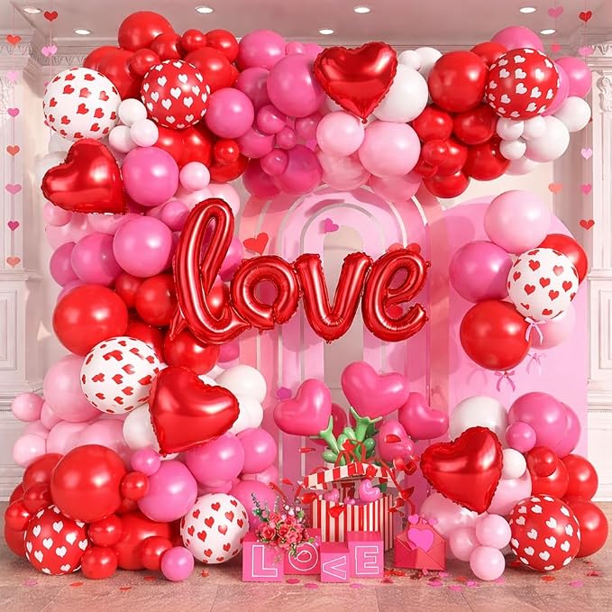 Valentines Day Balloons Arch Garland Kit, 126Pcs Red Pink Valentines Party Decorations with LOVE Red Heart Balloon for Galentines Anniversary Engagement Wedding Supplies