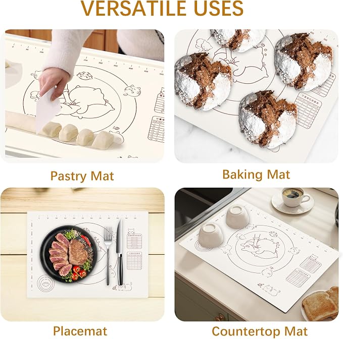 27x19" Silicone Pastry Mat with Cute Cat Design, Non-Slip & Reusable Dough Rolling Mat with Measurements, Extra Large Baking Mat for Kneading Bread, Pizza, Cookies, and More