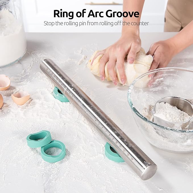 U-Taste 18/8 Stainless Steel 16 inch Adjustable Rolling Pin with Silicone Removable Thickness Rings, and 20inx16in Large Silicone Pastry Mat Food-Grade Non-Stick Dough Rolling Mat (Aqua Sky+Transparen