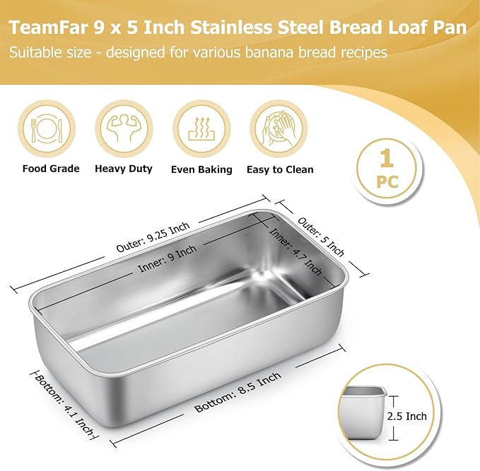 TeamFar Loaf Pan, 9¼” × 5” Bread Loaf Pan Meatloaf Pan Stainless Steel for Baking Bread Cake Toast, Healthy & Durable, Dishwasher Safe & Easy Clean
