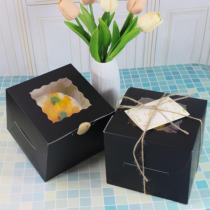 20 Pack 6x6x5 Inch Cake Boxes with Window, Black Bakery Carriers for Bento Cake, Cupcakes, Cookies, Dessert Treats – Perfect for Valentine's Day, Mother's Day Gifting