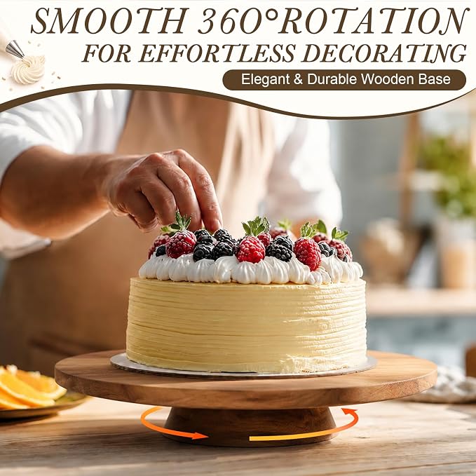 Gisafai 14 Inch Acacia Rotating Cake Stand Rustic Wood Pedestal Stands Turntable with 2 Icing Spatulas 3 Smoothers Wooden Cupcake Dessert Display for Wedding Party Decoration