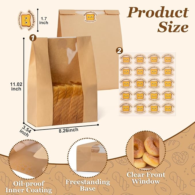 FUNFERY 30 Pcs Sourdough Bread Bags for Home Made Bread Sourdough,Large Paper Bags for Breads Gifting with Window&Cute Stickers,Loaf Bags for Bakery Packaging and Storage,Sourdough Starter Kit