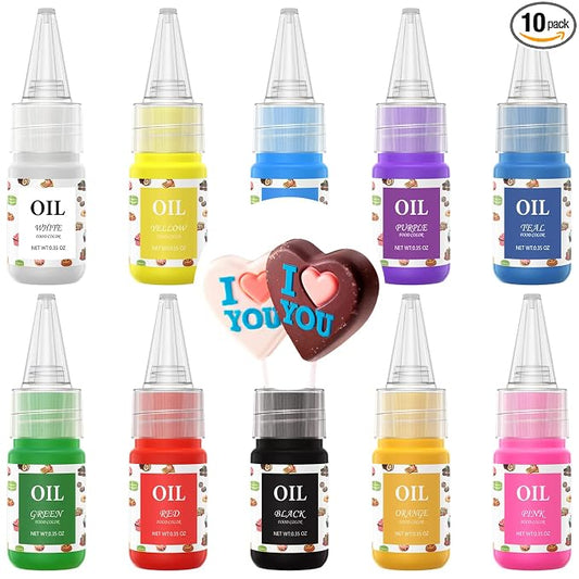 Oil Based Food Coloring Chocolate, 10 Colors Candy Coloring for Chocolate Candy Melts, E-Kongton Cake Color Edible Food Dye for Cake Decorating, Baking, Fondant, Forsting (.35 Fl. Oz Bottles)