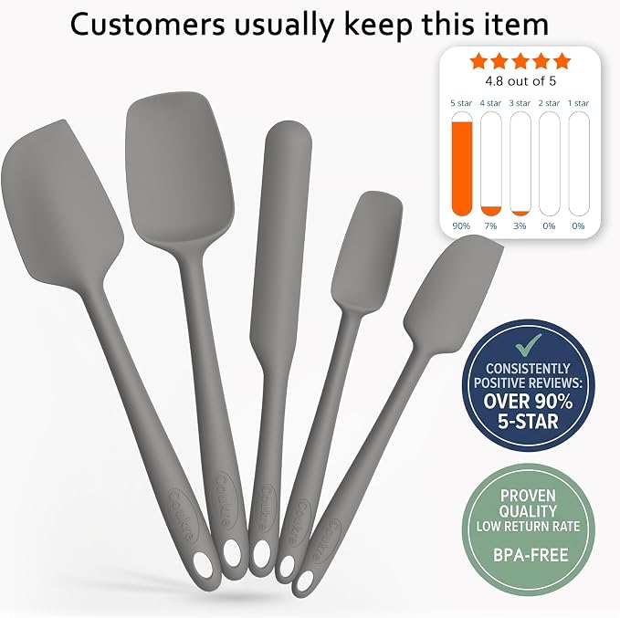 Coukre Silicone Spatula Set of 5,High Temperature Resistant, Food Grade Silicone, Dishwasher Safe, for Baking, Cooking (Pure Gray)