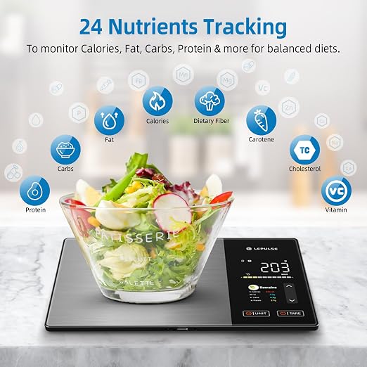Smart Food Scale with Nutritional Calculator, Lepulse Digital Kitchen Scale, Free App with 24 Nutrients Tracking, Calorie, Fat, Carbs & Protein, Premium Stainless Steel, TFT Display, 11lb