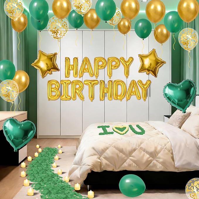 Green Gold Happy Birthday Balloons Decorations Gold Green Birthday Balloon Letters Banner with Star Heart Balloons 1000 Pcs Artificial Rose Petals 24 Flameless LED Candles for Birthday Party Supplies