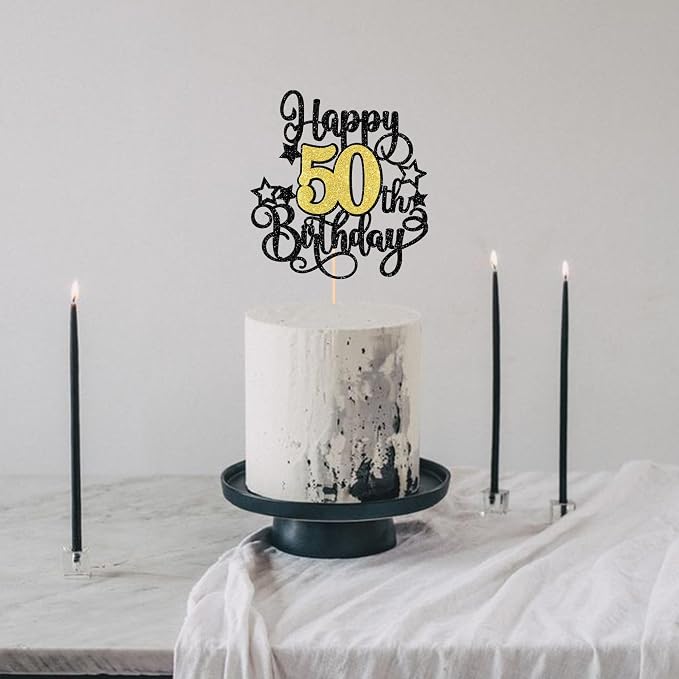 1 PCS Happy 50th Birthday Cake Topper Black Gold Glitter Cheers to 50 Years Birthday Cake Pick Hello 50 Fabulous Cake Decoration for Happy 50th Birthday Anniversary Party Decorations Supplies