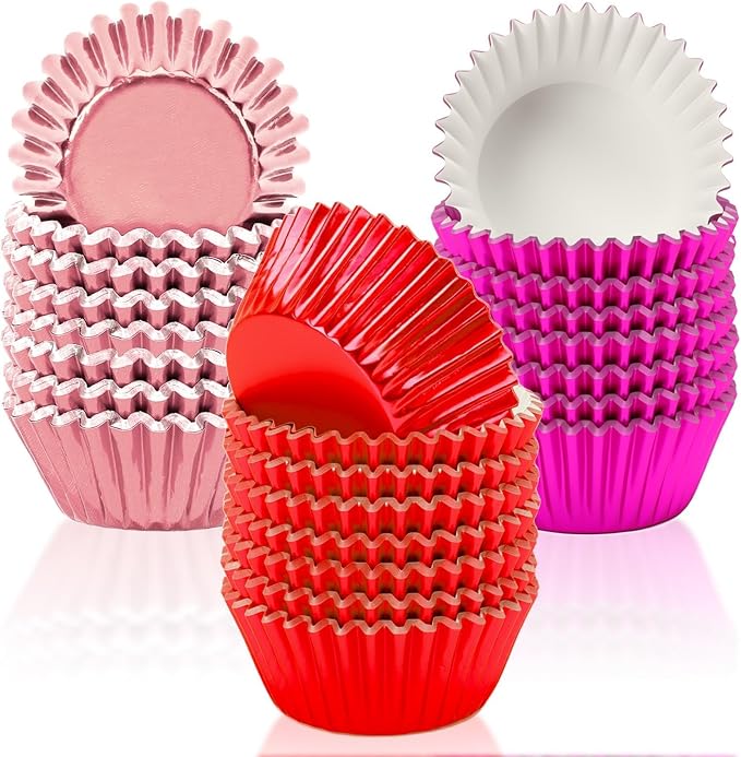 SANNIX 450Pcs Valentine's Day Foil Cupcake Liners Red Pink Cupcake Wrappers Foil Metallic Muffin Liners Baking Cups for Valentines Wedding Party Decorations Supplies