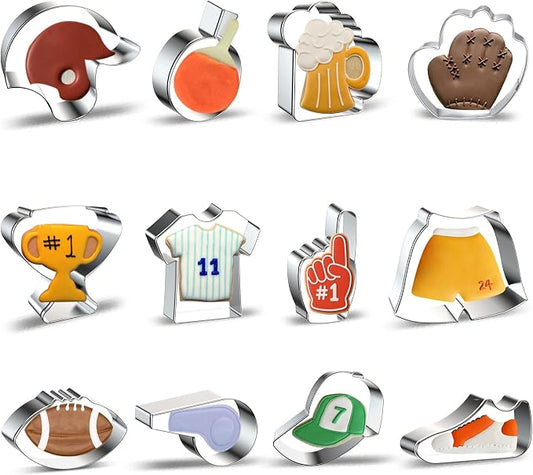 12PCS Football cookie cutter set Set, Fondant Biscuits Molds for Football, Jersey, Shorts, Shoe, Whistle, Helmet, Beer Mug, Glove, Trophy Cup, Cap, Table Tennis Racket, Foam Finger - Stainless Steel