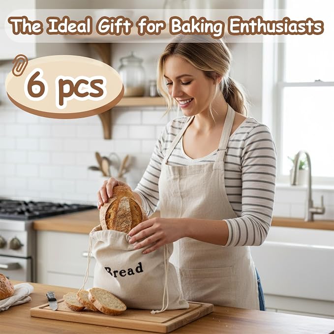 Reusable Bread Bags for Homemade, 12 x 15 Inch Linen Sourdough Bread Bags (6 Pieces) for Homemade Loaves & Pastries, Baking Gifts & Baking Supplies for Home Bakers, Stay Fresh Unbleached and Reusable