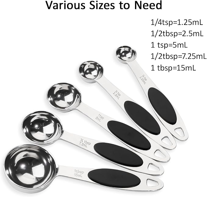 Magnetic Measuring Spoons Set Stainless Steel Measuring Spoons,Tablespoon Measuring Spoon for Dry and Liquid Ingredients (5, Black)