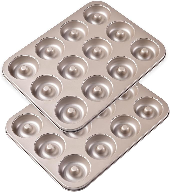 Non-Stick 12-Cavity Donut Pans, Dount Mold Cake Pan Doughnut Bakeware for Oven Baking (Champagne Gold)