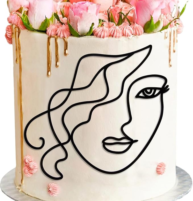 Minimalist Art Lady Face Boho Cake Topper for Birthday & Wedding Decoration - Acrylic, Black