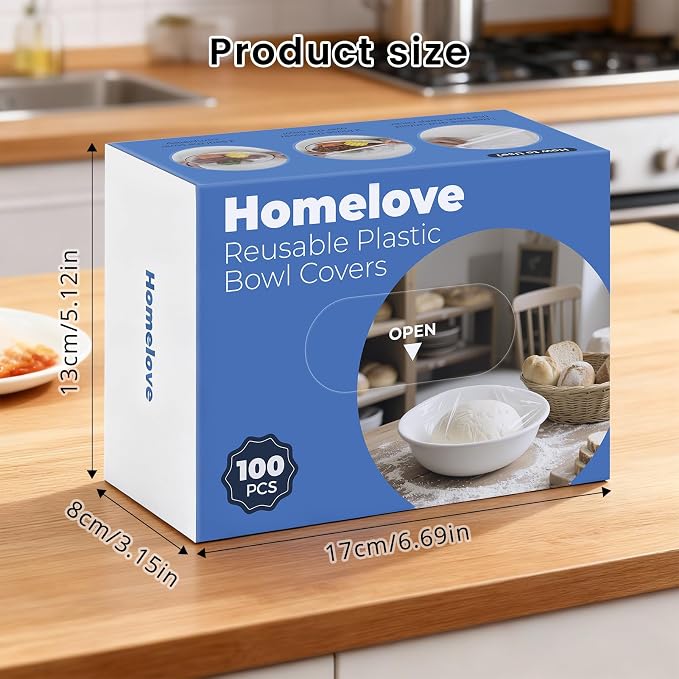 Homelove 100pcs Plastic Bowl Covers Food Cover Dish Covers, Reusable Elastic Stretch Fresh Keeping Bags, Kitchen Dining Plate Bread Proofing Food Storage Covers, Plastic Wrap (Boxed)
