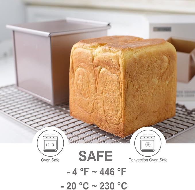 CHEFMADE Square Pullman Loaf Pan with Lid, 1Lb Dough Capacity Non-Stick Rectangle Flat Toast Box for Oven Baking 5.3" x 5.3"x 5.2"(Champagne Gold)