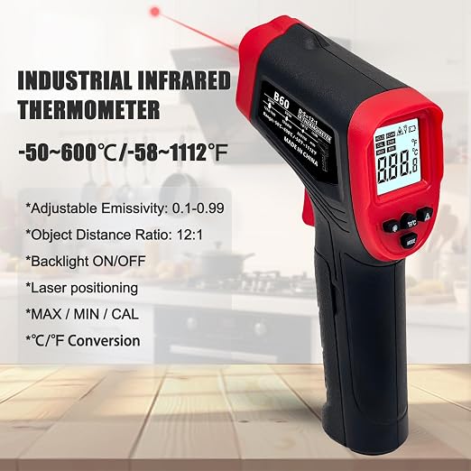 Digital Infrared Thermometer Gun for Cooking,-58 to 1112 °F Laser Temperature Gun with Adjustable Emissivity&MAX&MIN,IR Thermometer for Pizza,Oven,Grill,Kitchen,BBQ,Meat,Food,Griddle (not for Human)