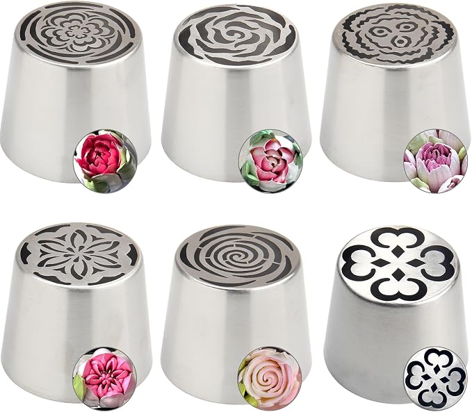 6Pack Extra Large Flower Russian Piping Tips Set, Stainless Steel Rose Tulip Icing Tips For Cake Decorating, Floral Piping Tips Flower Bouquet For Cookies Desserts Baking Tool(XXL,6E)