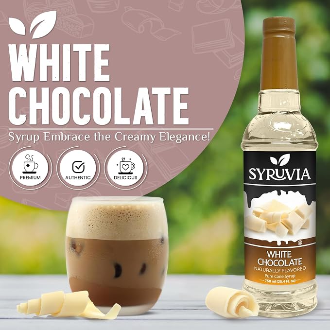 Syruvia Coffee Syrup, White Chocolate Flavored Syrup for Drinks, Lattes, and Desserts – 25.4 fl oz - with Pump
