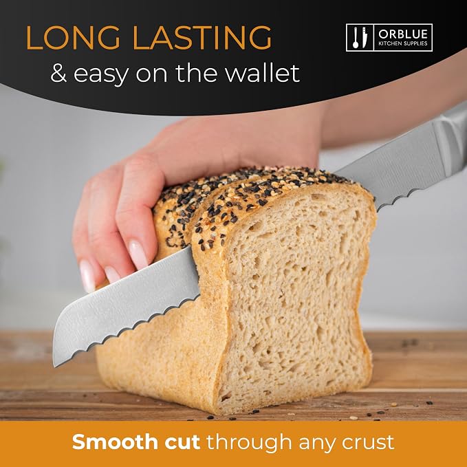 Orblue Serrated Bread Knife Ultra-Sharp Stainless Steel Professional Grade Bread Cutter - Cuts Thick Loaves Effortlessly - (8-Inch Blade with 5-Inch Handle), Yellow