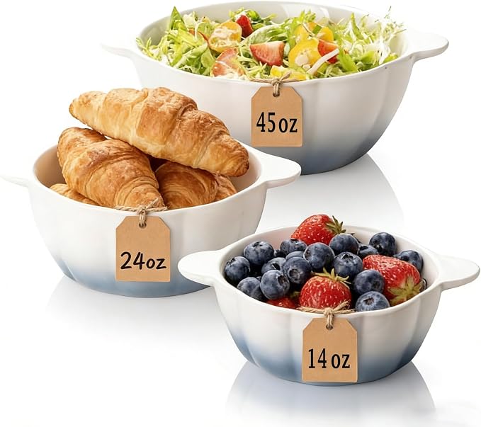 14/24/45 Oz Soup Bowls, Ceramic Kitchen Bowls for Fruit, Snack, Cooking, Baking, Prepping etc, Ramekins Oven Safe, Serving Bowls with Handles, Food Storage Containers Set of 3
