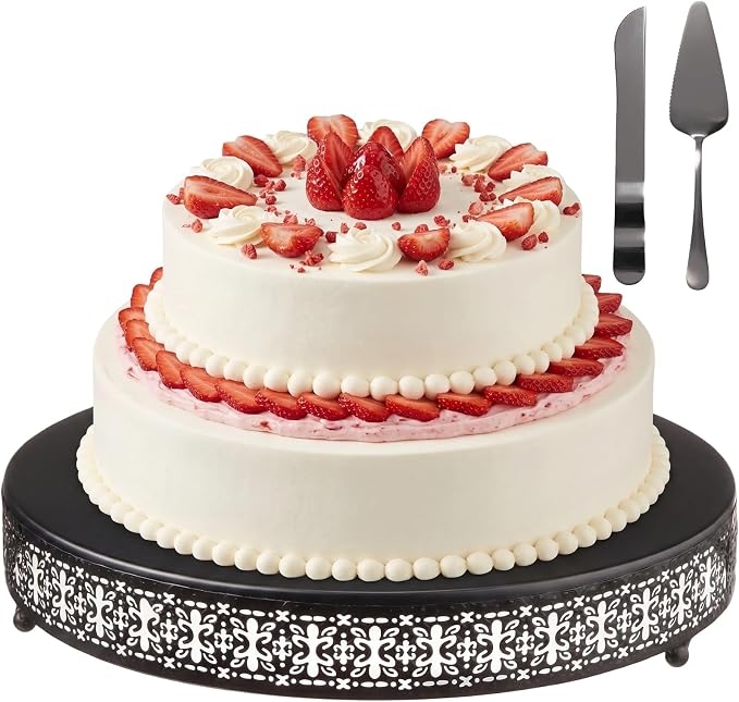 Wenqik Black Cake Stand 18 Inch Metal Round Cupcake Dessert Wedding Cake Stand with Cutting & Spatula Cookies Display Holder Fruit Serving Tray for Table Wedding Birthday Anniversary Party