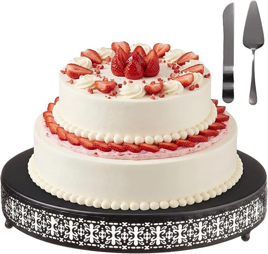 Wenqik Black Cake Stand 18 Inch Metal Round Cupcake Dessert Wedding Cake Stand with Cutting & Spatula Cookies Display Holder Fruit Serving Tray for Table Wedding Birthday Anniversary Party