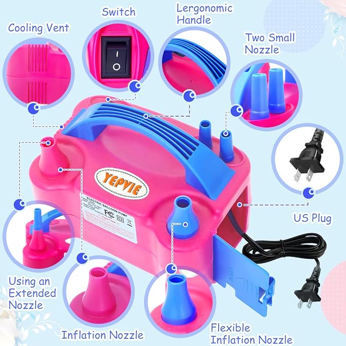 Balloon Pump Electric, 600W Professional Balloon Inflator with 8 Balloon Arch Kits, 2 Modes & Dual Nozzle, Portable Air Pump Ballon Blower Machine for Party Decoration (Rose)