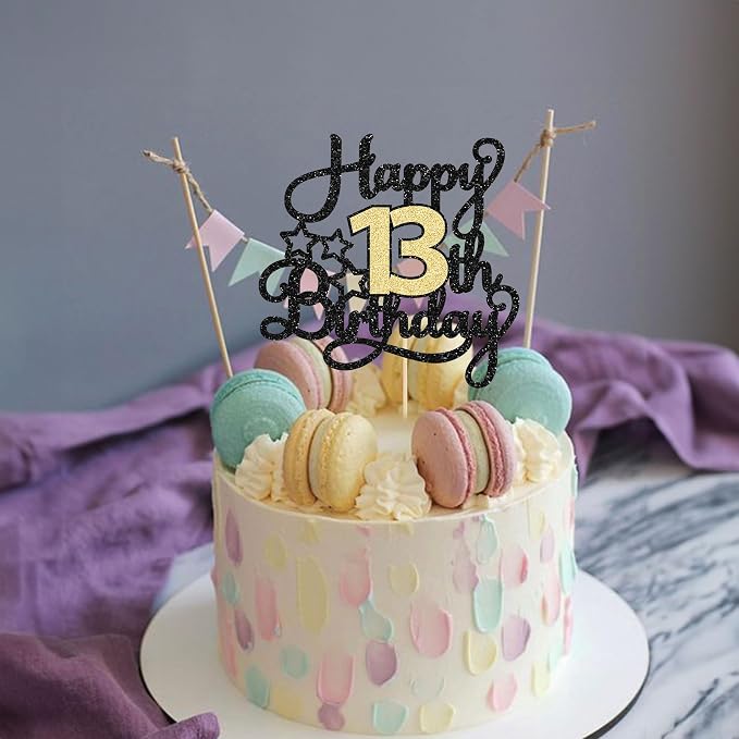 1Pc Happy 13th Birthday Cake Topper Black Gold Glitter Cheers to 13 Years Birthday Cake Pick 13 Official Teenager Cake Decoration for Happy 13th Birthday Anniversary Party Supplies