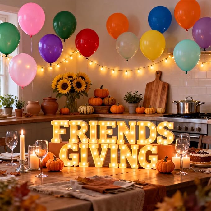 54 Pcs Friends Giving Party Decorations, Light up Letters Sign with 40 Round Pearlescent Balloons, Led Marquee Lights Table Decoration for Friends Themed Party Birthday Galentines Decor Thanksgiving