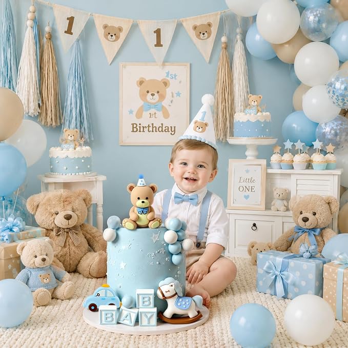 MEMOVAN Blue Bear Cake Topper 17Pcs Teddy Bear Cake Decorations We Can Bearly Wait Cake Topper with Blue White Balls Car Horse for Bears Themed Baby Shower Birthday Party Supplies