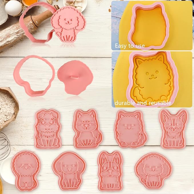Dog Cookie Cutters Set, 8 Pcs Puppy Cookie Cutter with Plunger Stamps, Cute Cookie Cutters for DIY Biscuit Dog Snacks Cheese Baking