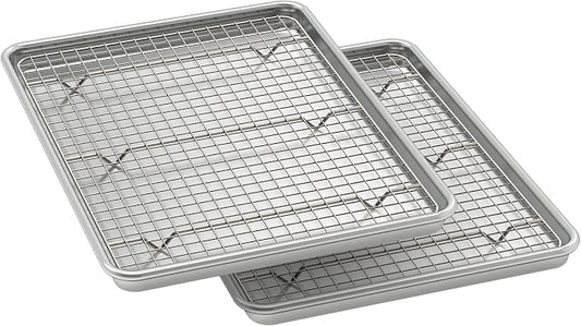 Wildone Baking Sheet with Rack Set (2 Pans + 2 Racks), Half Sheet Size | Natural Aluminum Commercial Quality Cookie Sheet with Cooling Rack, Nonstick Baking Pan, Warp Resistant & Heavy Duty