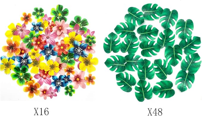 64Pcs Tropical Palm Leaves and Hawaii Flowers Cupcake Toppers Hawaii Theme Cake Decoration for Jungle Summer Party Birthday Wedding Cake Decor