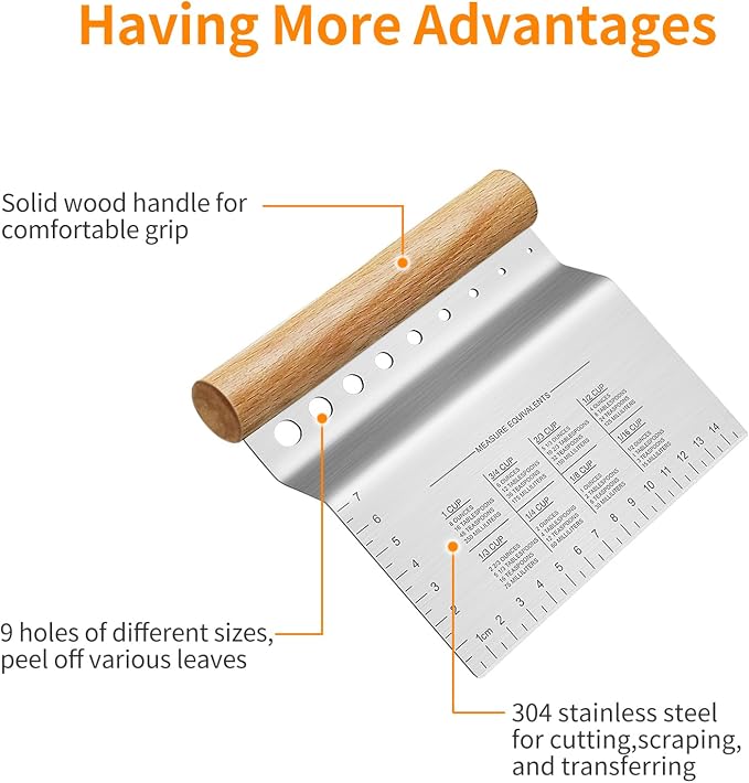 ALLTOP Dough Bench Scraper/Cutter/Chopper, 1 Pack | Stainless Steel Blade, Herb Stripper, Scale Ruler, Leaf Remover