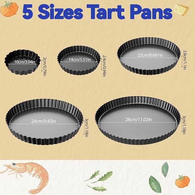 5 Packs Pie Tart Pans with Removable Bottom 4'' 6" 9" 10" 11" Round Nonstick Quiche Pan Bakeware Pie Tart Molds Steel Flan Tins Fluted Side for Pies Mousse Cheese Cookie Cake Dessert