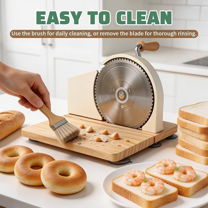 Manual Bread Slicer, Detachable Stainless Steel Blade & Folding Wood Base - Adjustable Slice Thickness 1-20mm, Suction Cup Base, Metal Guide & Rotating Handle for Sourdough, Bagels, Toast