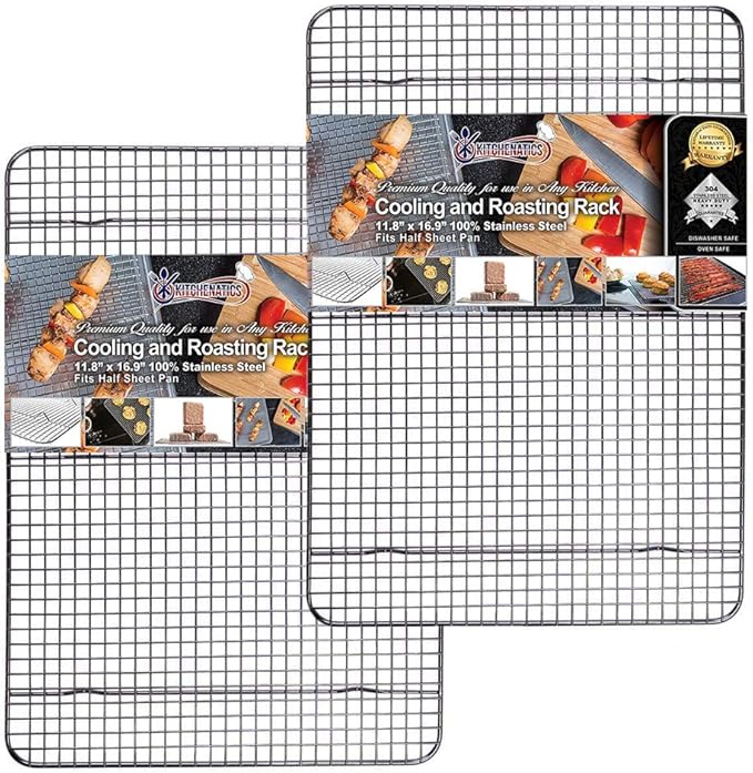 KITCHENATICS 100% Stainless Steel Cooling Racks for Baking & Roasting | Heavy-Duty Wire Grid Fits 13x18 Half Sheet Pans | Oven-Safe to 575°F for Crispy Bacon & Even Airflow | Dishwasher Safe, Set of 2