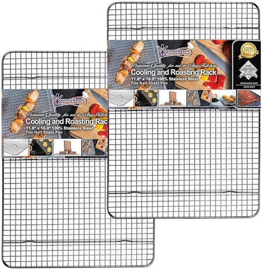 KITCHENATICS 100% Stainless Steel Cooling Racks for Baking & Roasting | Heavy-Duty Wire Grid Fits 13x18 Half Sheet Pans | Oven-Safe to 575°F for Crispy Bacon & Even Airflow | Dishwasher Safe, Set of 2