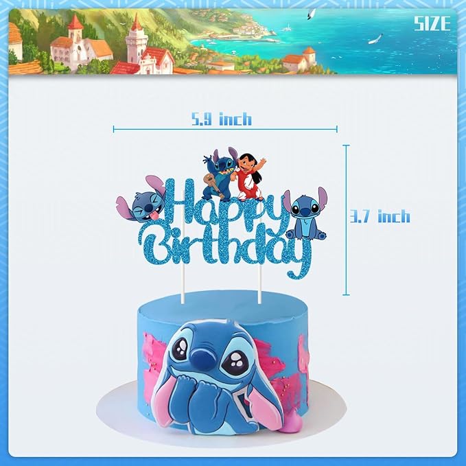 Blue Cake Topper, Glitter Happy Birthday Cake Decorations, Boys Girls Cute Cartoon Theme Party Supplies