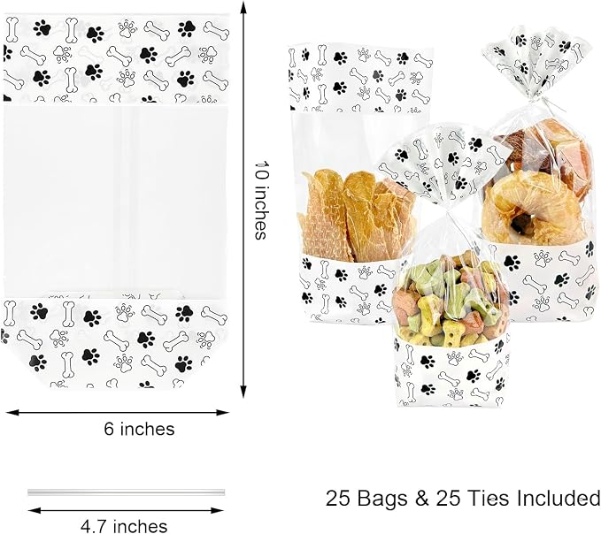 EKAPACKAGING 25Pcs 6x10 Inches Paw Print Flat Bottom Treat Bags with Twist Ties, Stand Up Dog Treat Bags for Puppy Birthday, Clear Goodie Bags for Pet Party Favors, Dog Gift Bags for Pet Biscuits