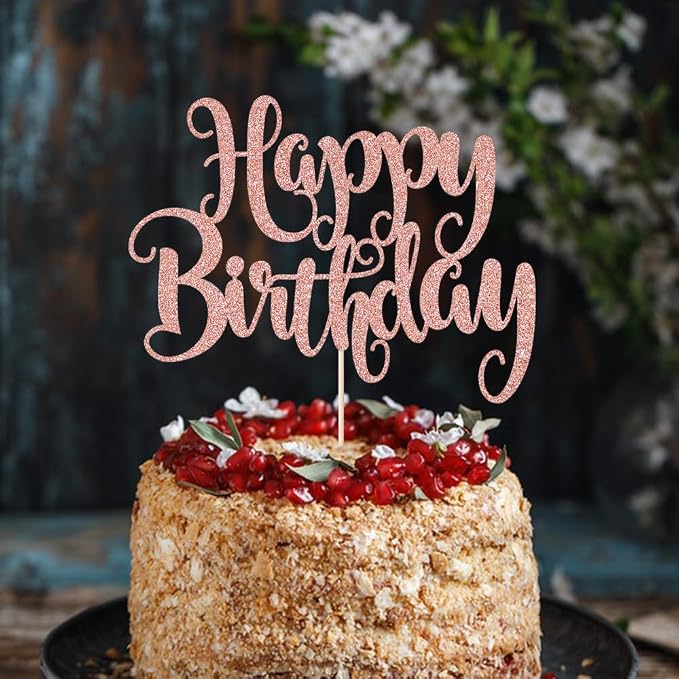 Happy Birthday Cake Topper- Glitter Happy Birthday Cake Decor, Handmade Anniversary/Birthday Party Supplies (Rose gold)
