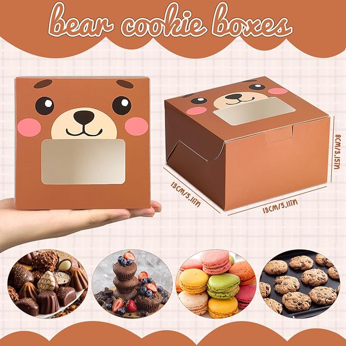 50 Pack Little Bear Cookie Boxes with Window, Cute Treat Boxes for Baby Shower, Kids Birthday & 1st Birthday, Gender Reveal, Bear Party Favor for Cookies, Macarons & Cupcakes