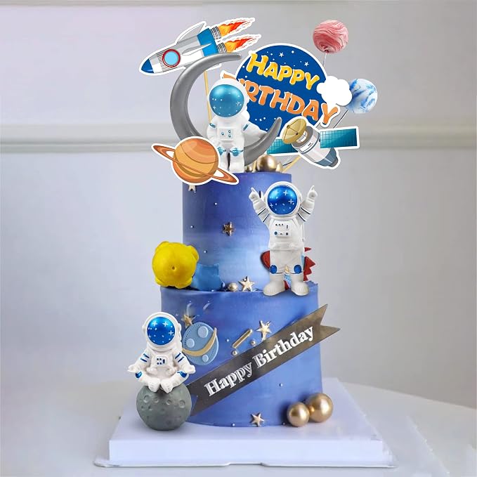Astronaut Figurines Space Cake Toppers Astronaut Planet Rocket Satellite and Star Space DIY Cake Toppers for Space Theme Party Birthday Party Baby Shower Supplies (Blue)
