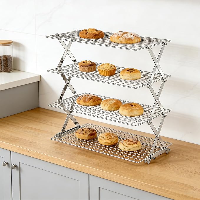 4 Tier Collapsible Cooling Rack Adjustable ＆ Stackable Baking Rack Wire Cooling Rack for Cookies Bread Baking