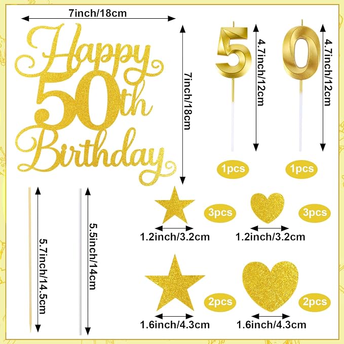 Happy 50th Birthday Cake Topper for 50th Birthday Decorations Numeral 50 Candle with Glitter Heart Cupcake Picks Set for Men Women Hello 50 Birthday Anniversary Party Cake Decor Supplies（GOLD）